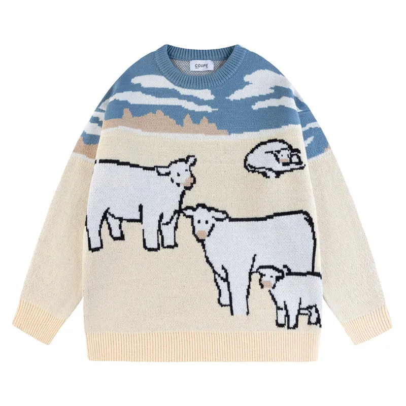 Vintage Cow Embroidered Loose Crew Neck Sweater