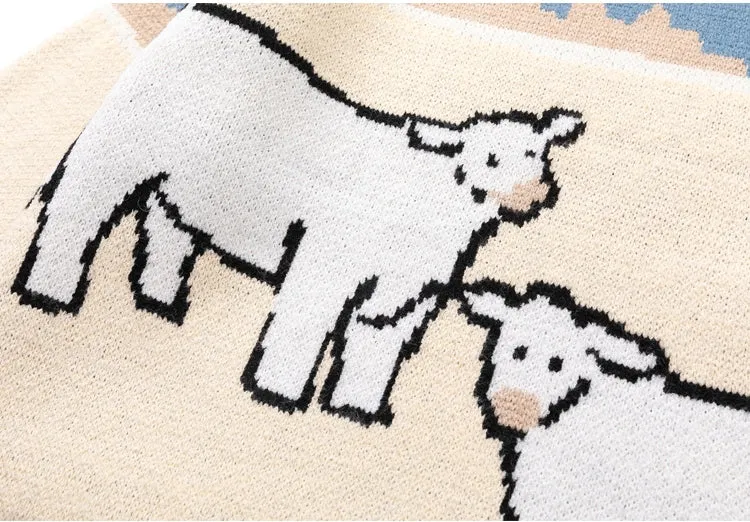 Vintage Cow Embroidered Loose Crew Neck Sweater
